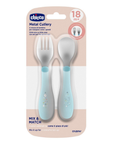 CHICCO Βρεφικό Σετ Πιρούνι - Κουτάλι Μεταλλικό Τιρκουάζ 18+m 2