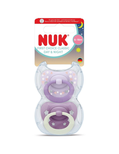 Nuk Πιπίλες Σιλικόνης First Choice Classic Day and Night 6-18 μηνών με Θήκη Purple 2τμχ