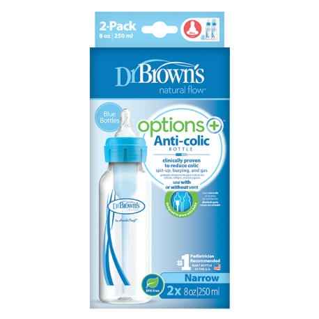 DR BROWN'S Μπιμπερό Πλαστικό με Στενό Λαιμό Options (Σ.Λ.) 250ml Μπλε (2 τεμ.)